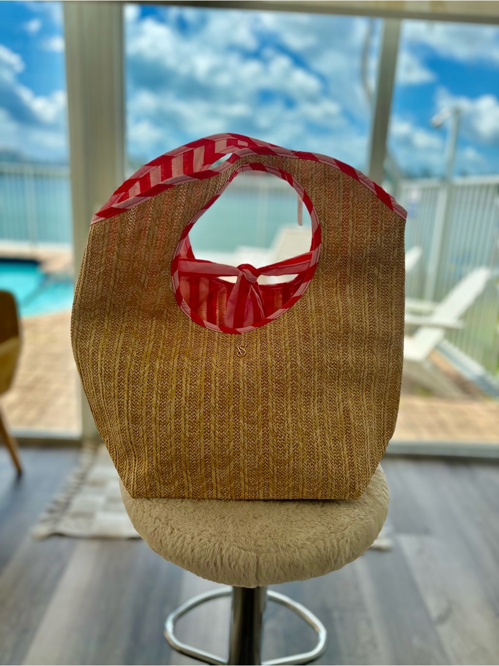Victoria's Secret Straw Tote with Red Striped Trim